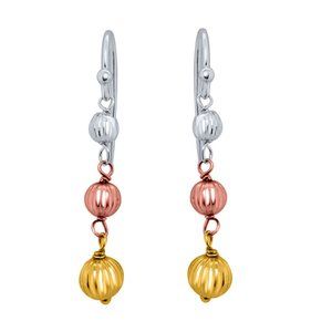 Tri Color Dangle Hook Earrings Gold Plated Silver